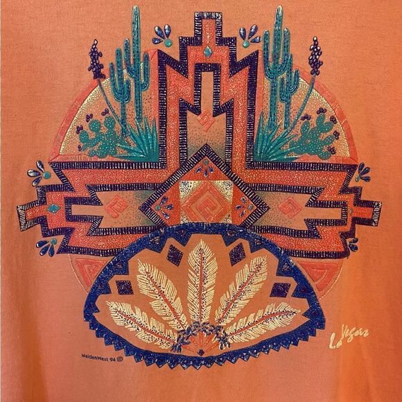 Anvil Sz L 1994 Maiden West Vtg Cotton Embroidered Indian Cactus Graphic T-Shirt - Picture 4 of 7
